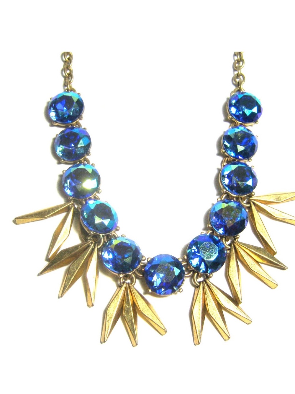 J Crew Gold Statement Necklace with Blue Crystal Accents